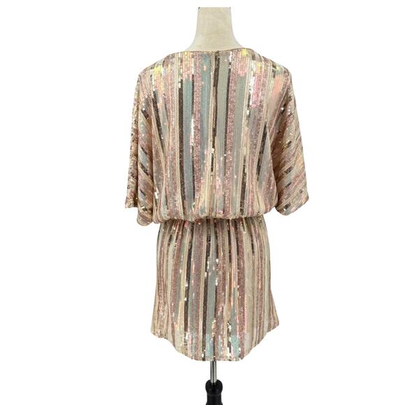 Karlie Sequin Gold Glitter Stripe Faux Wrap V-neck Mini Party Dress - Picture 5 of 16